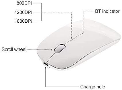 Tsmine Bluetooth Wireless Mouse - Slim Rechargeable, Noiseless Click & 3 Adjustable DPI Levels for Laptop, Tablet, iMac, MacBook Air - White