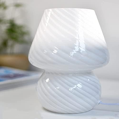 BSOD Mushroom Lamp,Glass Table Bedside Lamps Translucent Murano Vintage Style Striped Small Night Mushroom Decor Light Swirl for Ambient,Kids,Bedroom,Living,Girl Gift (Stripe White)