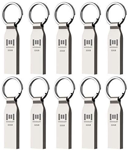 MOSDART Waterproof 32GB USB2.0 Flash Drive, FAT32 Metal Memory Stick with Keychain, for System Back, Data Storage, Silver(Pack of 10)