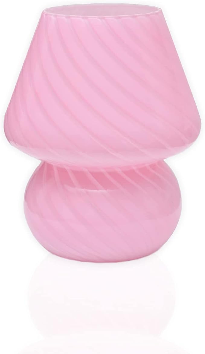 BSOD Pink Mushroom Lamp,Glass Mushroom Bedside Table Lamps Translucent Murano Vintage Style Striped Small Nightstand Desklamp Swirl Light for Home Decor, Dining, Living, Bedroom, Gift (Stripe Pink)