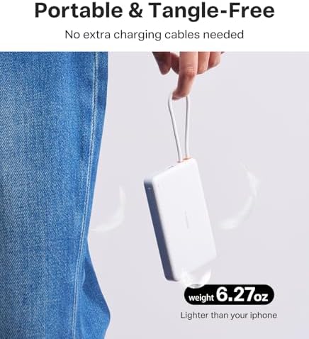 TORRAS Power Bank with Built-in USB-C Cable (No-Wireless), Ultra-Slim 10,000mAh Portable Charger USB C, 22.5W Fast Charging Battery Pack for iPhone 17/16/15 Series, Phone air, Galaxy, Pixel, White