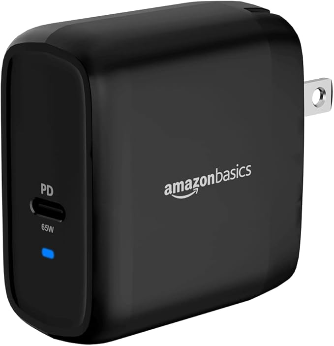 Amazon Basics 65W One-Port GaN USB-C Wall Charger with Power Delivery PD 3.0, Foldable Plug, Portable, Fast Charging for Laptops, Tablets & Phones, Black