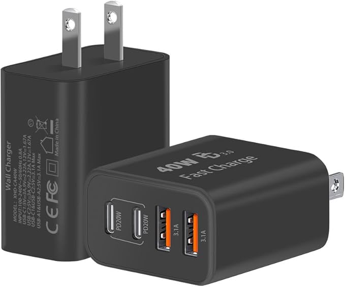 TT&C 40W USB C Charger Block 2-Pack, 4-Port Fast Charging Block (2 USB-C + 2 USB-A), Compact Multi-Device Wall Plug Adapter for iPhone 17,16,15,14, Pro Max, Samsung Galaxy S24/S23, (Black)