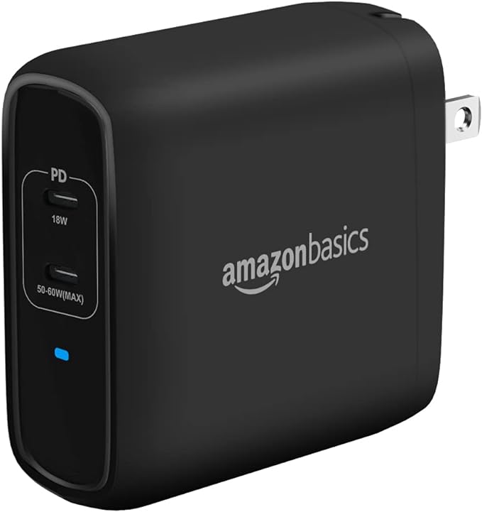 Amazon Basics 68W Two-Port GaN Wall Charger with 2 USB-C Ports (60W, 18W) with PD for Laptops, Tablets & Phones (iPhone 16/15/14/13/12/11/X, iPad, MacPro, Samsung, More), Non-PPS, Black