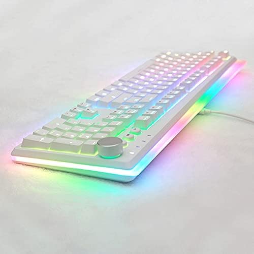 i-rocks K71M RGB Mechanical Gaming Keyboard with Media Control Knob, Switches (Brown), 107 Keys w/Full NKRO, PBT Keycaps, Multimedia Hotkeys, Detachable USB-C Cable and Onboard Storage, White