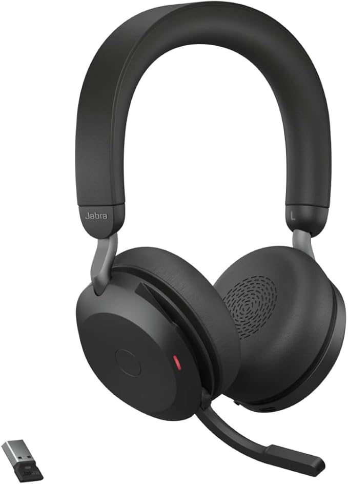 Jabra Evolve2 75 PC Wireless Headset with Charging Stand and 8-Mic Technology - Dual Foam Stereo Headphones with Advanced Active Noise Cancelling, USB-A Bluetooth Adapter and UC Compatibility - Black