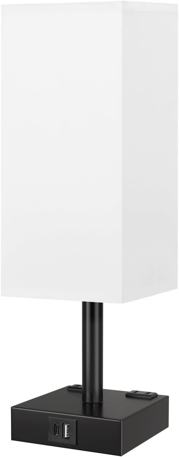 Touch Bedside Table Lamp For Nightstand - 3-Way Dimmable Night Lamp with USB A + Type C Charging Ports and two AC Outlets, Small Desk Light with E26 LED Bulb for Bedroom Living Room ,WHITE BLACK