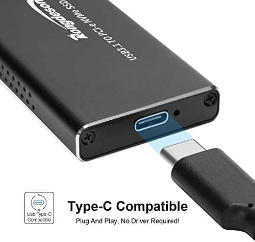 Rongdeson (Upgraded Version) Aluminum M.2 NVME SSD Enclosure Type-C USB 3.1 Gen 2 Speeds 10Gbps PCI-E M-Key Applicable to Size 2230/ 2242/ 2260/ 2280 for Samsung 960/ 970 EVO/ PROWD NVME SSD Black