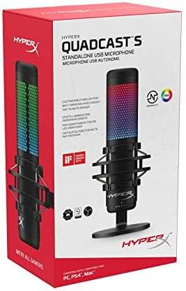 HyperX QuadCast S – RGB USB Condenser Microphone for PC, PS4, PS5 and Mac, Anti-Vibration Shock Mount, 4 Polar Patterns, Pop Filter, Gain Control, Gaming, Streaming, Podcasts, Twitch, YouTube, Discord