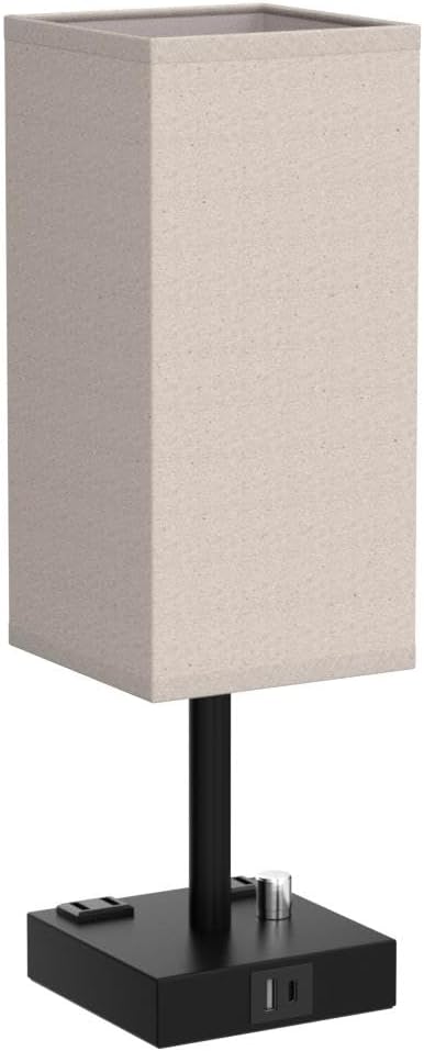 aooshine Fully Dimmable Nightstand Lamps Set of 2 - Table Bedside Lamp with USB C+A Charging Ports & 2 AC Outlets, Square Lamp Sets Linen Fabric Shade for Bedroom Living Room(Bulb Included)