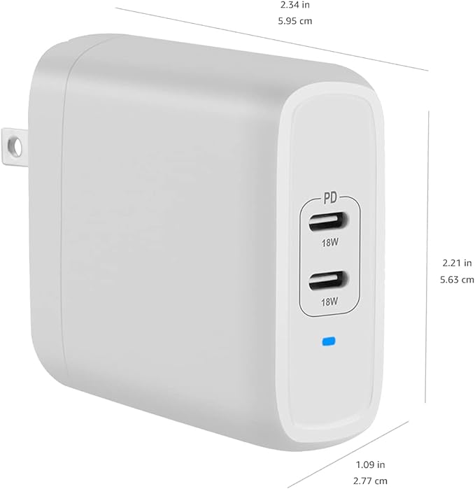 Amazon Basics 36W Dual Port USB-C Wall Charger with Power Delivery, Foldable Plug, for Tablets and Phones, Apple Watch, White, 2.34 x 1.09 x 2.21 in (PD36U-2TNB)