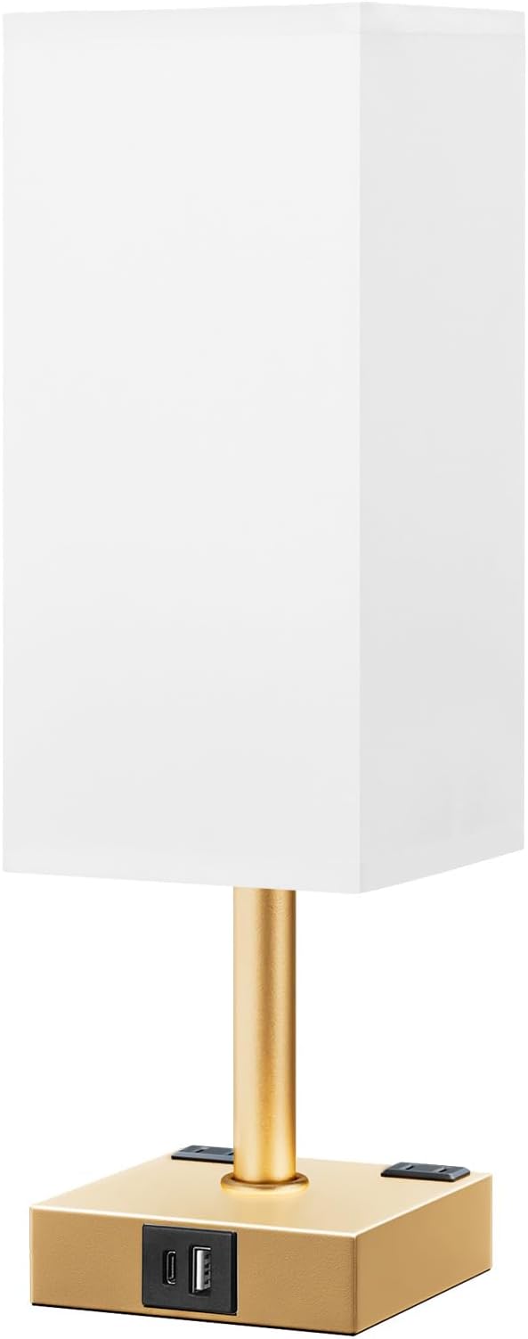 aooshine Gold White Touch Table Lamp - Bedside Lamp with USB A + Type C Charging Ports and Two AC Outlets, Small Night Stand with E26 LED Bulb, Desk Light for Bedroom Living Room Office Dorm
