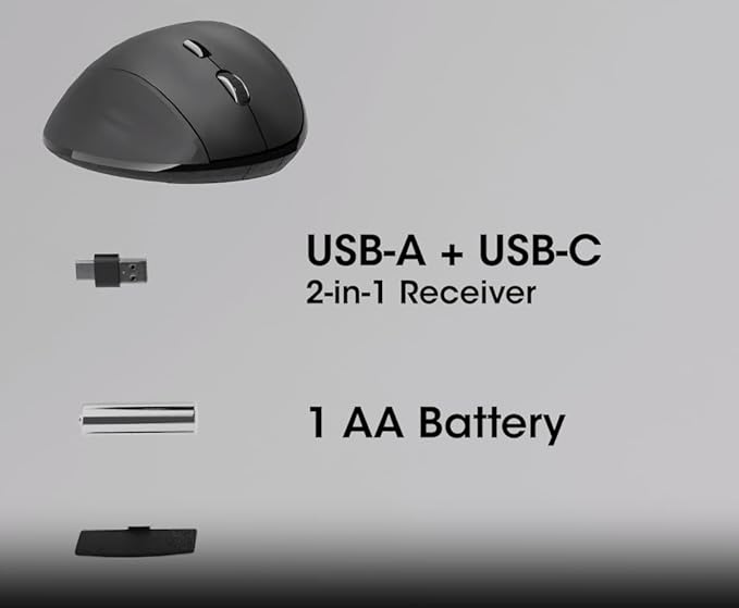 MANHATTAN Wireless Ergonomic Mouse – 2.4 GHz RF, 800/1200/1600 dpi, Six Buttons with Scroll Wheel, USB-A & USB-C 2-in-1 Receiver Dongle – for Laptop, Computer, PC - 3 Yr Mfg Warranty – 190237