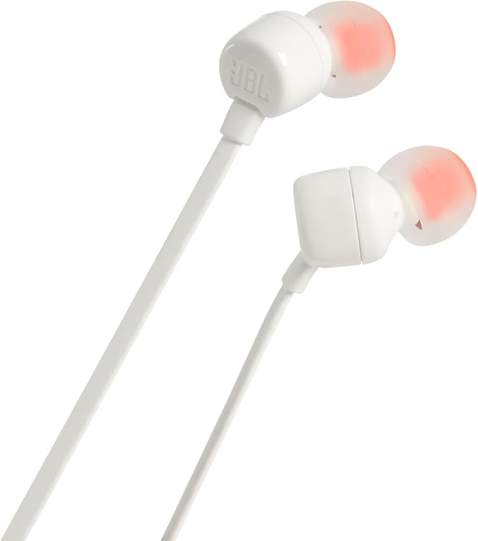 JBL Tune 110 - Wired in-Ear Headphones with JBL Pure Bass Sound, 1-Button Remote, Microphone and Tangle-Free Flat Cable (White)