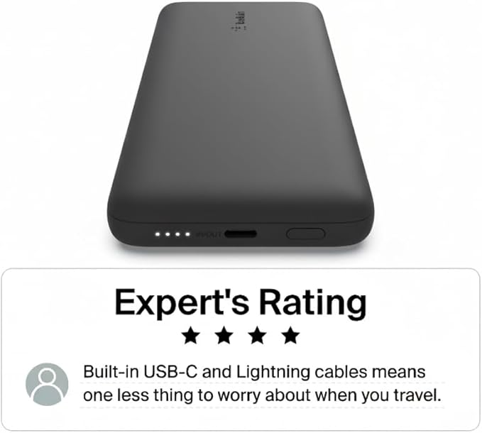Belkin Portable Charger Power Bank for iPhone/Android (10,000mAh), 23W Battery Pack with Integrated USB-C, Lightning Cables, Pass-Through Capability, Charge 2 Devices at Once, Phone Charger Power Bank