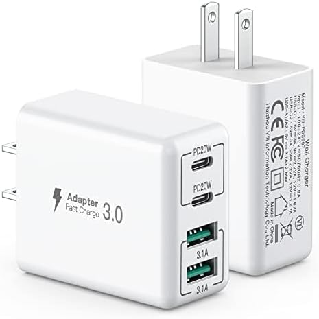 sccvee [2 Pack] USB C Wall Charger, 40W 4-Port USB C Charger Block,Fast Charging Block Dual Port PD+QC Wall Plug Multiport Type C Compatible with iPhone 14/13/12/11/Pro Max/XS/XR/8/smartphones/Tablet