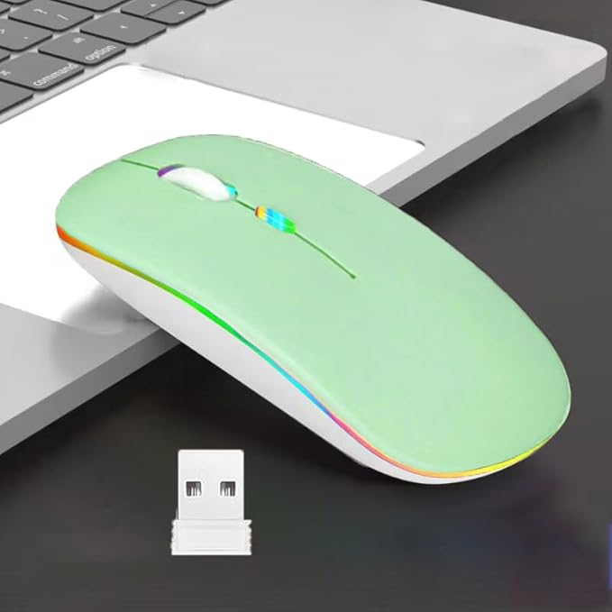 Guiheng Wireless Bluetooth Mouse,LED Dual Mode Rechargeable Silent Slim Laptop Mouse,Portable(BT5.2+USB Receiver) Dual Mode Computer Mice,for Laptop,Desktop Computer,ipad Tablet,Phone,TV (Green)