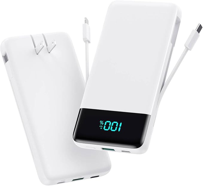 Portable Charger for iPhone,13800mAh Slim Power Bank with Built-in Cables & AC Wall Plug,All in One 4 Outputs USB C Fast Charging Battery Pack Travel Essential for iPhone 17/16/15/14,Android (White)