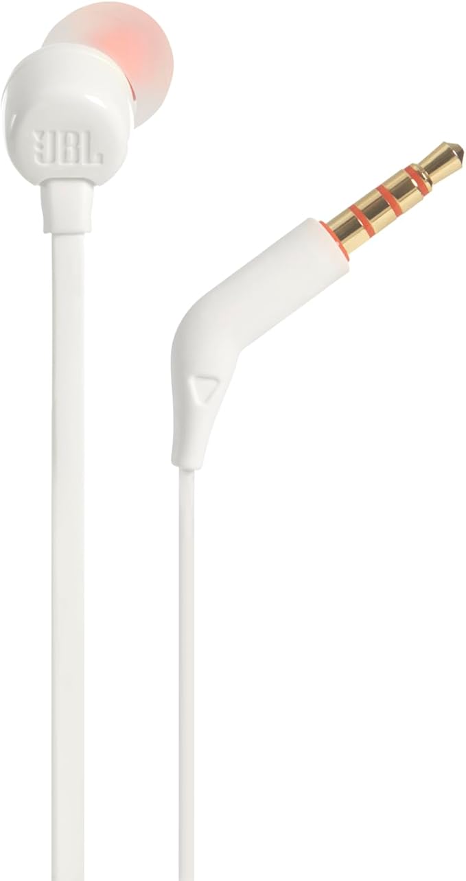 JBL Tune 110 - Wired in-Ear Headphones with JBL Pure Bass Sound, 1-Button Remote, Microphone and Tangle-Free Flat Cable (White)