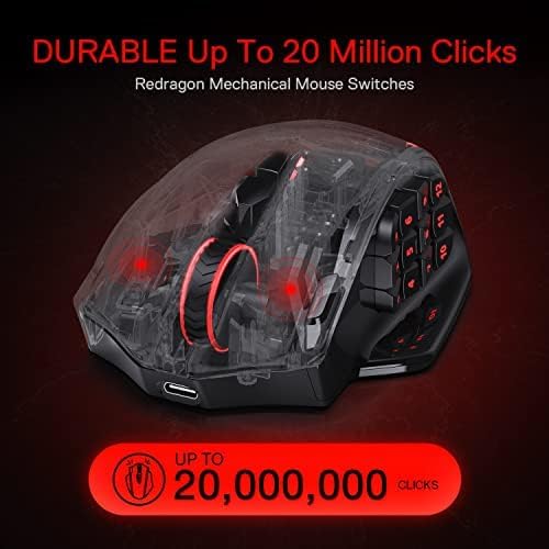 Redragon M913 Impact Elite Wireless Gaming Mouse, 16000 DPI Wired/Wireless RGB Mouse with 16 Programmable Buttons, 45 Hr Battery and Pro Optical Sensor, 12 Side Buttons MMO Mouse