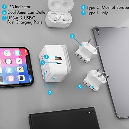 Ceptics Chile, Rome, Italy Travel Plug Adapter Set, Chile plug adapter USB-USB-C 20W PD-QC 18W, 2 Outlet, US to Italy plug adapter for Lybia, Uruguay Includes Type C, L SWadAPt Attachments - PAK-IT