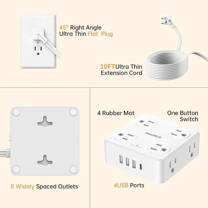 10Ft Power Strip with Surge Protector, 8 Outlets 4 USB Ports Extension Cord, Flat Plug Charging Station for Home Office Desk & College Dorm Essentials, White