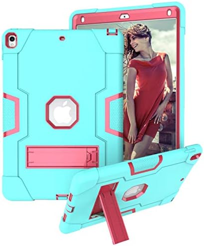 Dteck for iPad Air 3rd Gen (2019) / iPad Pro (2017) Case 10.5", Shockproof Protective Case with Kickstand, Hard Plastic Shell, 3-Layer Protection Drop Proof Sturdy Rugged Tablet Cover (Aqua+Rose)