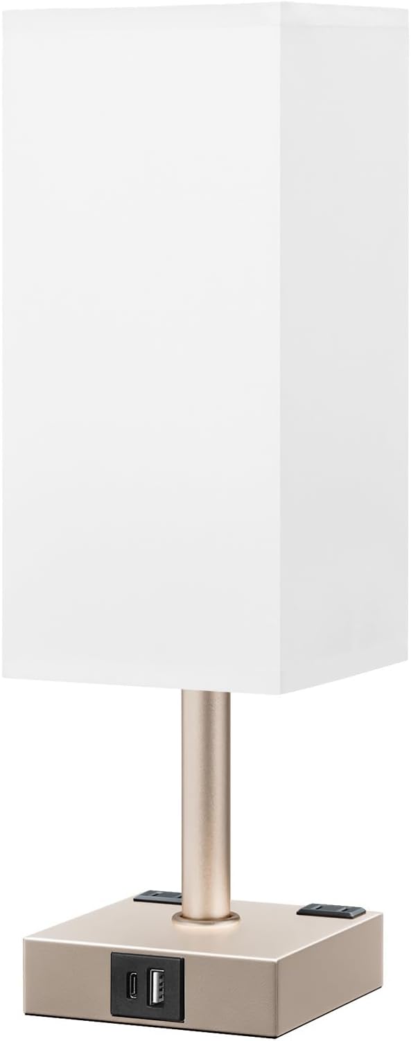 Antique White Touch Table Lamp - Mochaca Gold Bedside Lamp with USB A + Type C Charging Ports and two AC Outlets, Small Night Stand with E26 LED Bulb, Desk Light for Bedroom Living Room Office Dorm