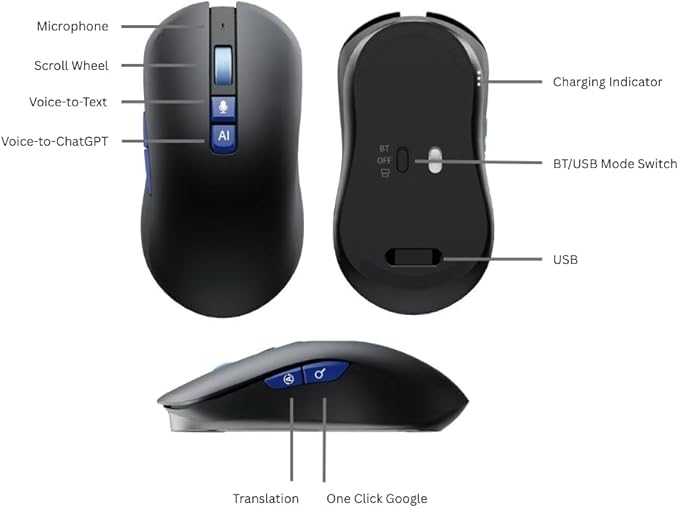 AI Wireless Mouse with Translation for PC Laptop: Hands-free typing- ChatGPT Bluetooth Mouse for Laptop, Voice AI, Multi-Translate, One Tap Google, USB Rechargeable High-Performance Office Device