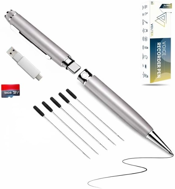 VOLTEK Digital Voice Recorder Pen - 64GB - Mini Audio Recording Device for Meetings - Portable Dictaphone Microphone - Clear Voice Capture - Compact Digital Recorder 5X Inks, Leather Case and Guide