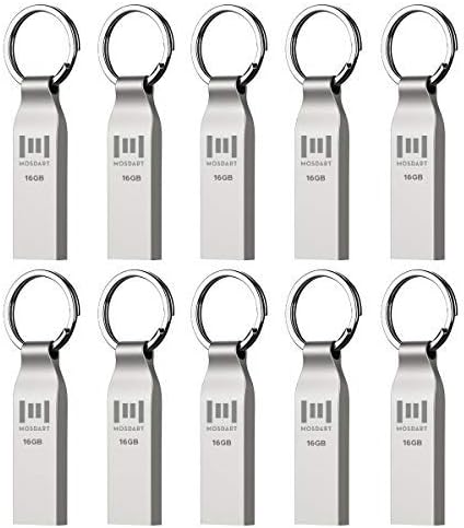 MOSDART Waterproof 16GB USB2.0 Flash Drive, FAT32 Metal Memory Stick with Keychain, for System Back, Data Storage, Silver(Pack of 10)