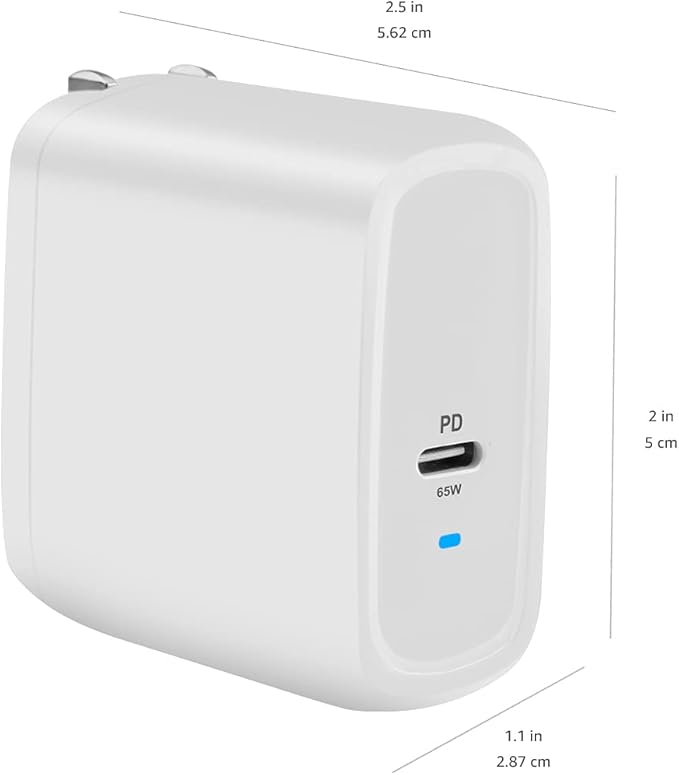 Amazon Basics 65W One-Port GaN USB-C Wall Charger with Power Delivery PD, Foldable Plug, Portable, Fast Charging for Laptops, Tablets & Phones, White