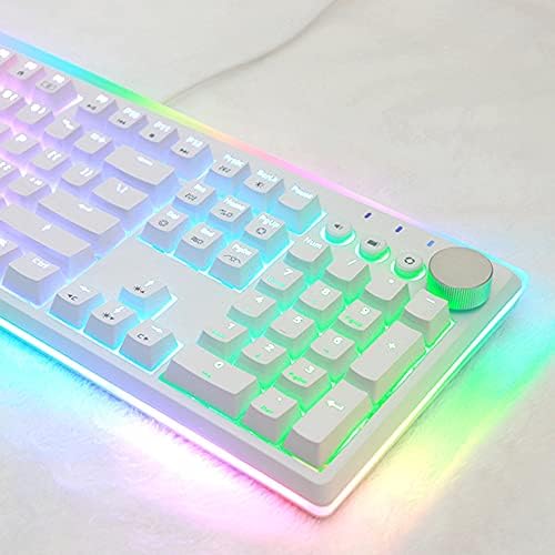 i-rocks K71M RGB Mechanical Gaming Keyboard with Media Control Knob, Blue Switches, 107 Keys w/Full NKRO, PBT Keycaps, Multimedia Hotkeys, Detachable USB-C Cable and Onboard Storage, White