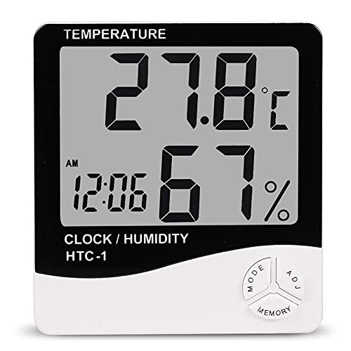 Wellhise HTC-1 Digital Hygrometer Indoor Thermometer Clock/Alarm Humidity Meter Room Thermometer with Temperature and Humidity Monitor Mini Hygrometer Outdoor