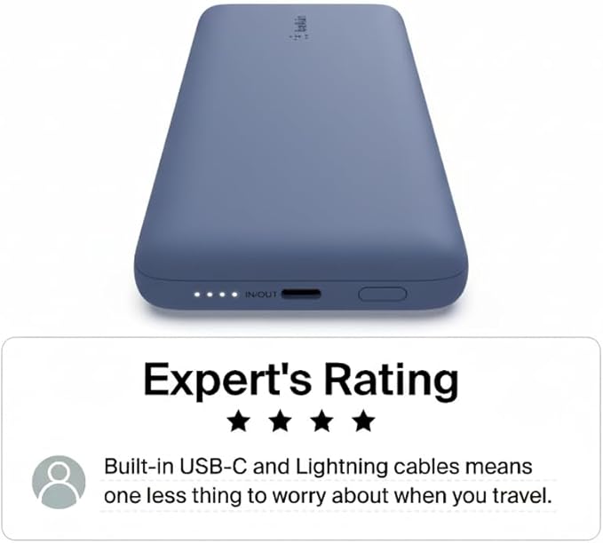Belkin Portable Charger Power Bank for iPhone/Android (10,000mAh), 23W Battery Pack with Integrated USB-C, Lightning Cables, Pass-Through Capability, Charge 2 Devices at Once, Phone Charger Power Bank