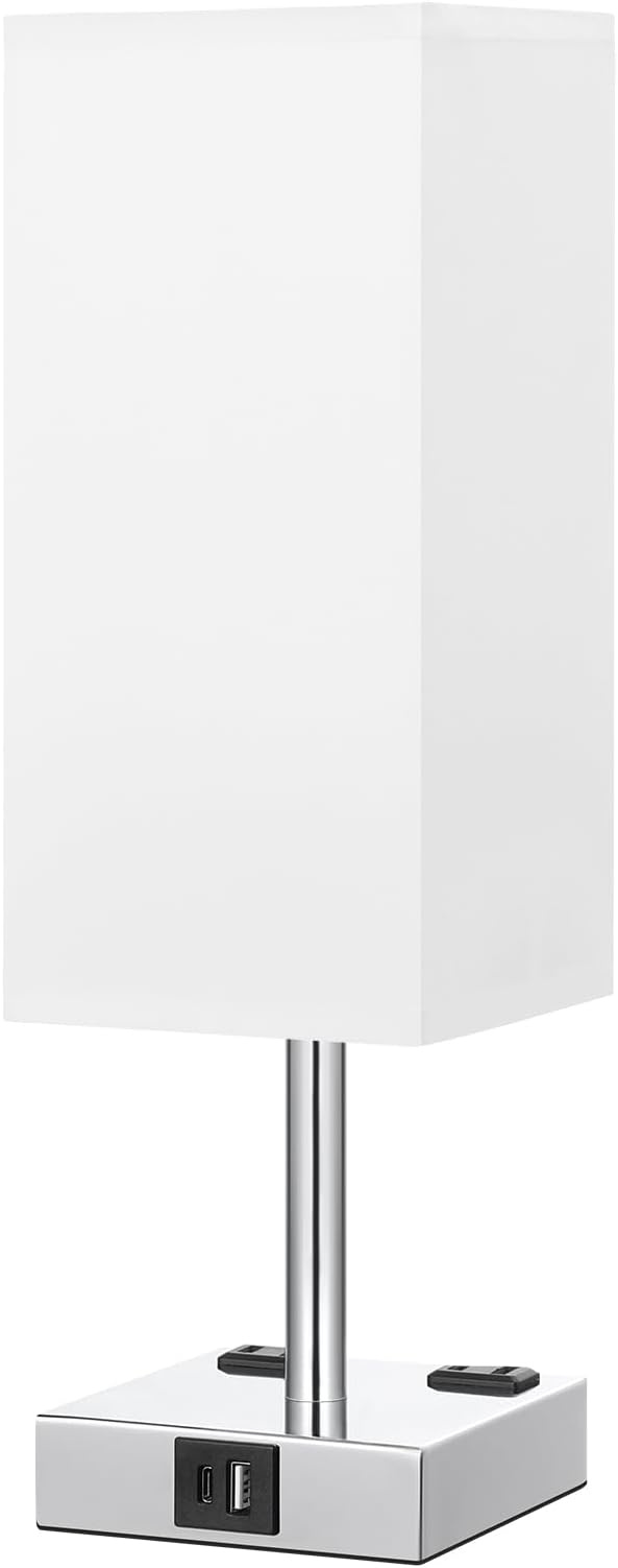 Touch Bedside Table Lamp for Nightstand - 3-Way Dimmable Night Lamp with USB A + Type C Charging Ports and Two AC Outlets, Small Desk Light with E26 LED Bulb for Bedroom Living Room Dorm Office,White
