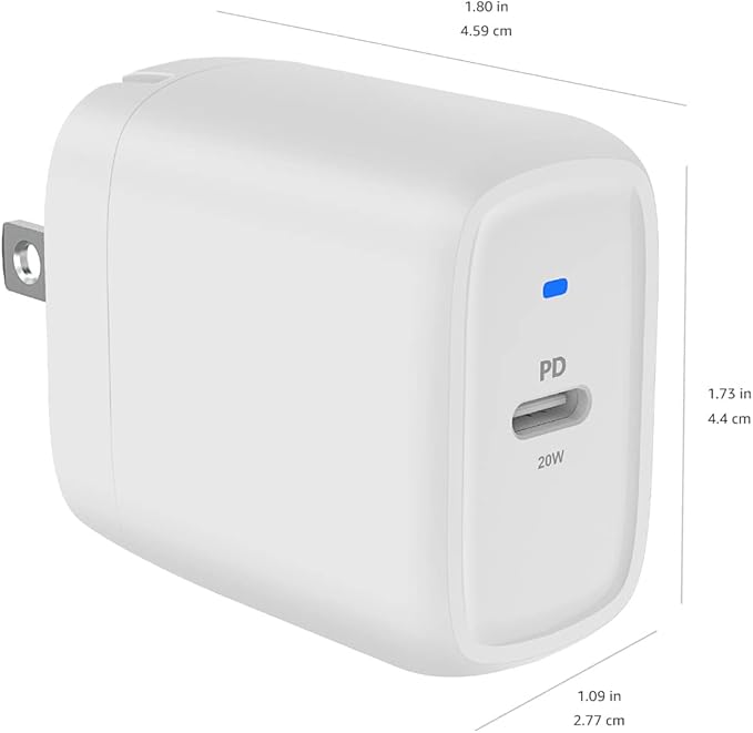 Amazon Basics 20W Foldable USB-C Wall Charger with Power Delivery for Tablets & Phones (iPhone 16/15/14/13/12/11/X, iPad, Samsung), Portable, non-PPS, White