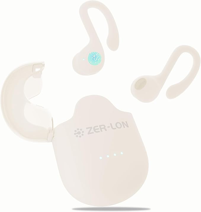ZER-LON Wireless Earbuds, Bluetooth 5.3 Headphones 60hrs Playtime Noise Cancelling Wireless Headphones Waterproof Over-Ear Buds with Earhooks Built-in Mic Headset for Workout Sports (Cream)