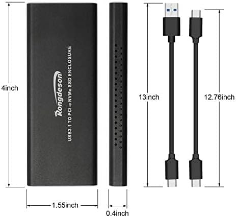 Rongdeson (Upgraded Version) Aluminum M.2 NVME SSD Enclosure Type-C USB 3.1 Gen 2 Speeds 10Gbps PCI-E M-Key Applicable to Size 2230/ 2242/ 2260/ 2280 for Samsung 960/ 970 EVO/ PROWD NVME SSD Black