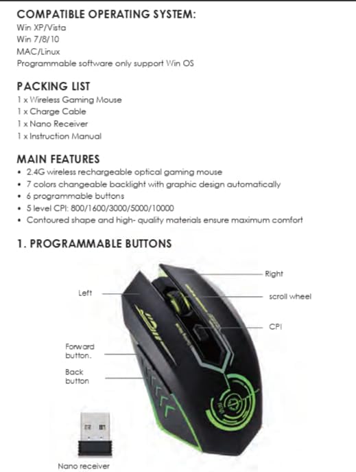 MELOGAGA Wireless Gaming Mouse Bluetooth Mouse RGB Rechargeable 2.4G USB Cordless Computer Mice with 7 Color Backlit, 6 Buttons & Silent Click for Laptop, iPad, Mac OS, PC, Windows -Black