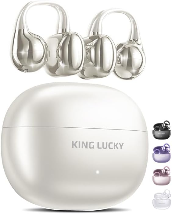 King Lucky Clip-On Earbuds Gen 3, Open-Ear Wireless Bluetooth 6.0 Headphones with Mic, Secure Fit for Small Ears & Glasses Wearers, 50H Playtime, ENC, IPX5 Waterproof Sport Ear Buds (Light White)