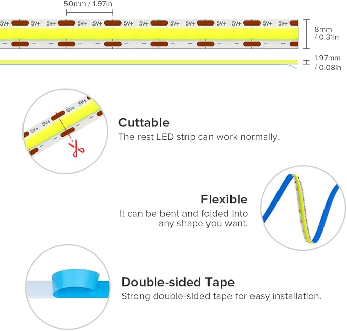 6.56FT/2M 5V USB LED Light Strip Green Flexible High Density COB Strips 640LEDs, 8mm LED Tape for Under Cabinet Bedroom No Controller and Power