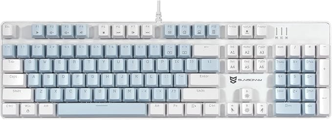 Merdia Full Size Wired Mechanical Gaming Keyboard | Blue Switch Led Backlit 104 Keys US Layout Mechanical Computer Keyboards | Hot Swappable Blue & White Keycaps Light Up PC Gaming Keyboard