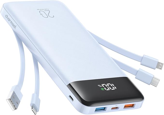charmast 20000mAh Portable Charger with Built in Cables, 22.5W Travel Power Bank Fast Charging, USB C Cell Phone Battery Pack for iPhone 17/16/15/14/13/12 Series, iPad, Samsung, Android, Tablet