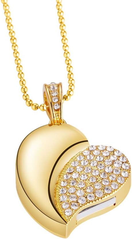 USB Flash Drive, Diamond Heart 8GB / 16GB / 32GB USB2.0 Waterproof USB Memory Stick Date Storage Pendrive Thumb Drives (32GB, Gold Heart)