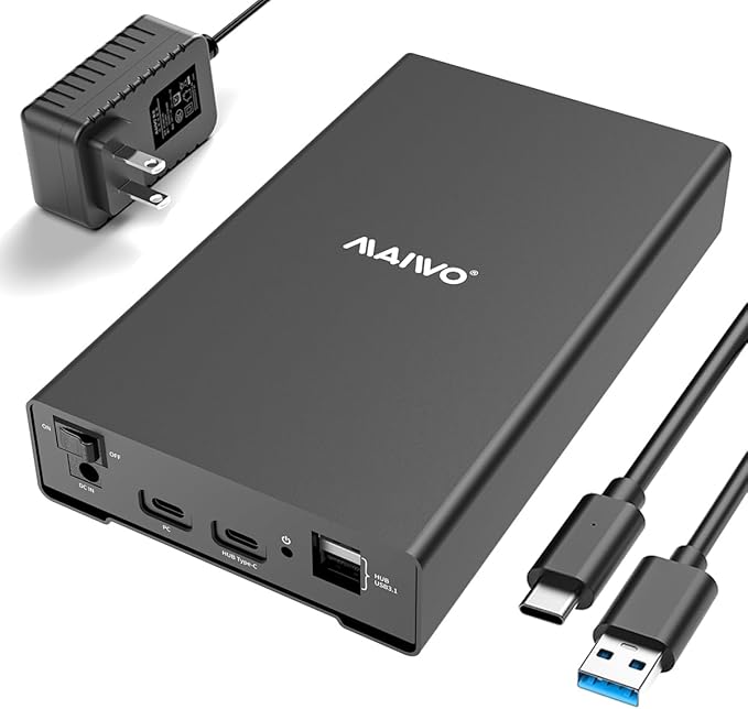 MAIWO External Hard Drive Enclosure for 2.5 3.5 inch SATA SSD HDD, USB C 3.1 GEN2 10Gbps Hard Drive Reader HDD Case with UASP, 24TB Capacity, Aluminum, 3X USB Ports Extension