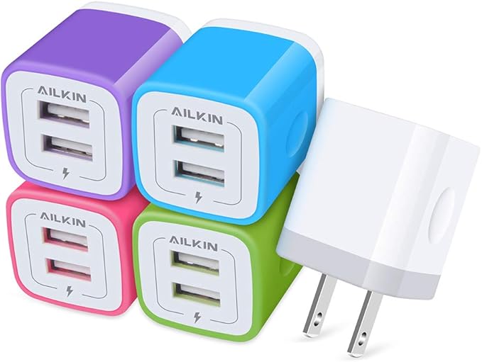 5Pack USB Wall Charger, Charger Adapter, AILKIN 2.1Amp Dual Port Quick Charge Plug Cube for iPhone 17/Air/16e/16/15/14/13/12/SE/11 Pro Max, Samsung Galaxy, Moto, Kindle Fire Charging Box Block