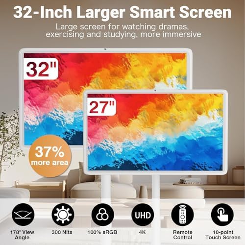 24" Portable Smart TV on Wheels | 1080p/4K UHD Touch Screen | 8GB RAM + 128GB Storage | 5-8 Hours Battery Life | Remote Control | Built-in 8MP/13MP Camera | 360° Rotating Display