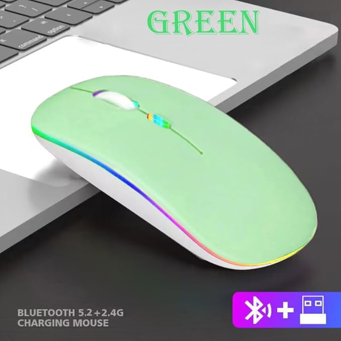 Guiheng Wireless Bluetooth Mouse,LED Dual Mode Rechargeable Silent Slim Laptop Mouse,Portable(BT5.2+USB Receiver) Dual Mode Computer Mice,for Laptop,Desktop Computer,ipad Tablet,Phone,TV (Green)