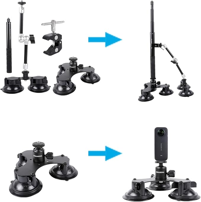 PellKing Suction Car Mount Kit for Insta360 X5/X4, X3,GO 3, 4 in1 Suction Cups with 114cm Selfie Stick Camera Triple Suction Mount Kit for Action Cameras,Compatible with GoPro 11,10,9,8,7(with Stick)